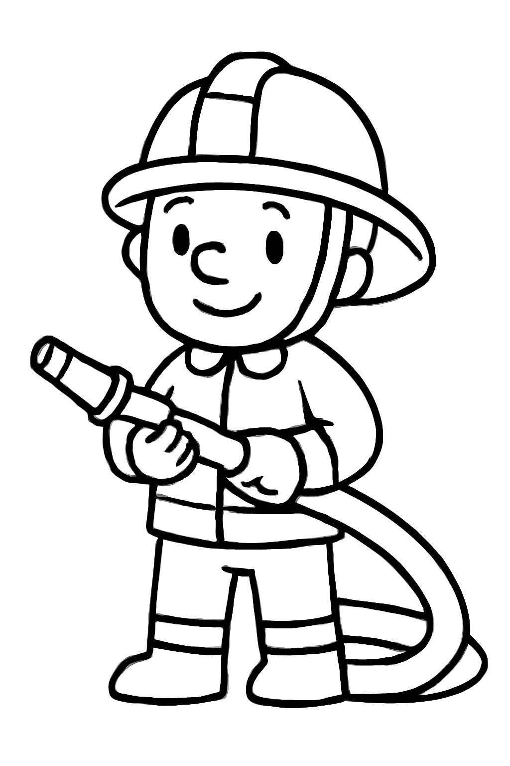 Ausmalbild eines Feuerwehrmanns mit Schlauch