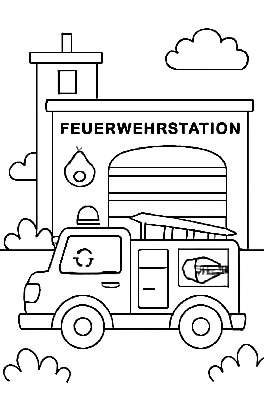 Ausmalbild einer Feuerwehrstation mit Wagen