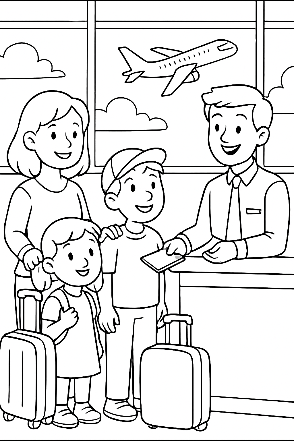 Ausmalbild einer Familie am Check-in Schalter am Flughafen
