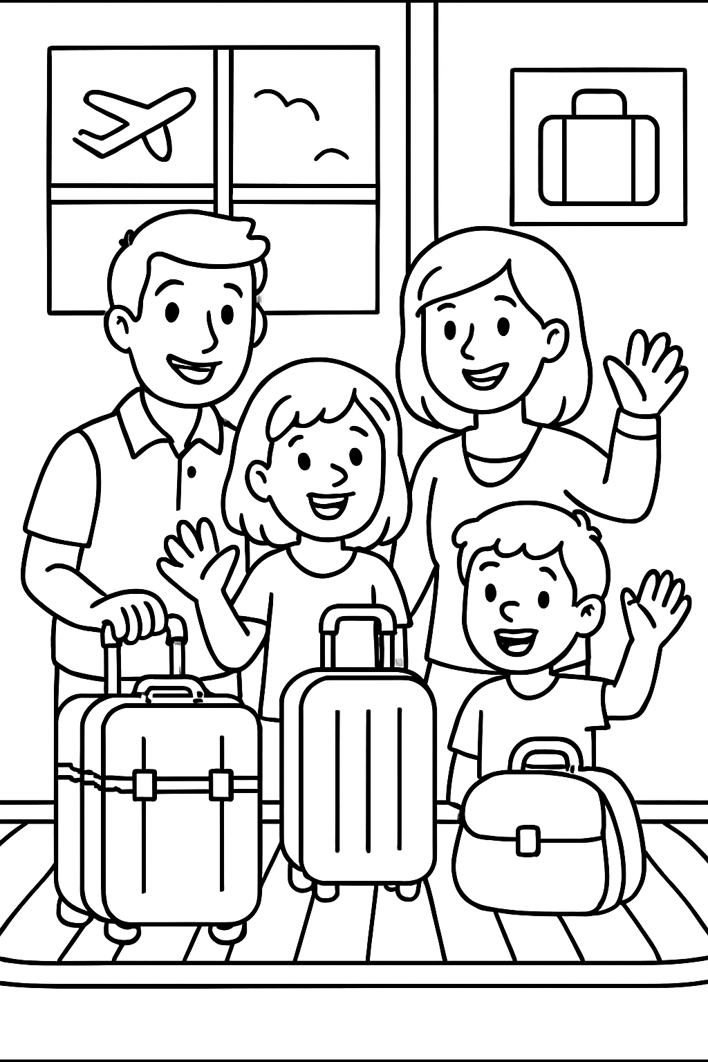 Ausmalbild einer Familie beim Abholen von Gepäck am Gepäckband