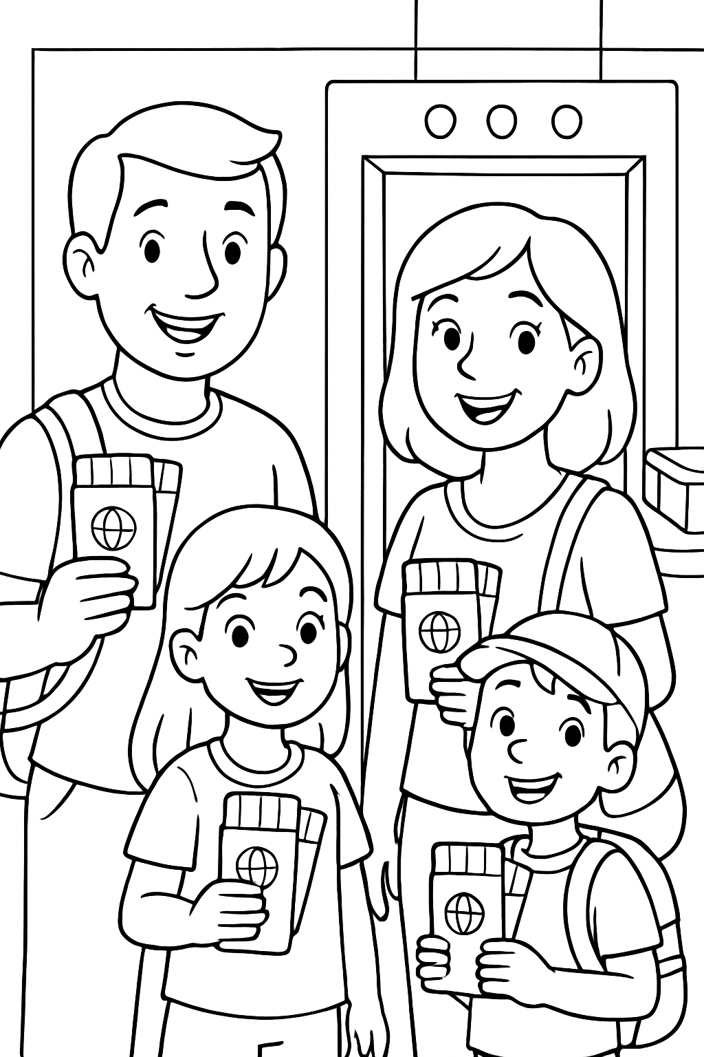 Ausmalbild einer Familie mit Flugtickets und Reisepässen am Flughafen