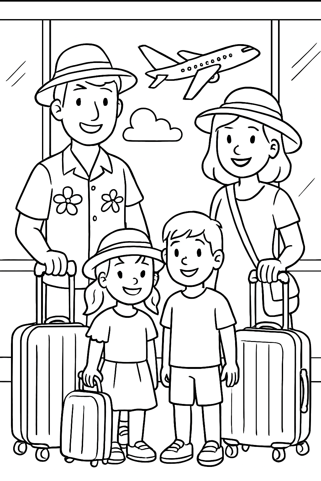 Ausmalbild einer Familie mit Koffern am Flughafen beim Check-in