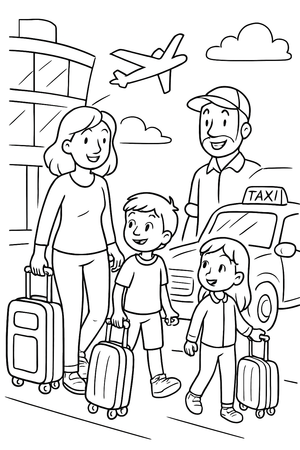 Ausmalbild einer Familie mit Rollkoffern auf dem Weg zum Taxi vom Flughafen