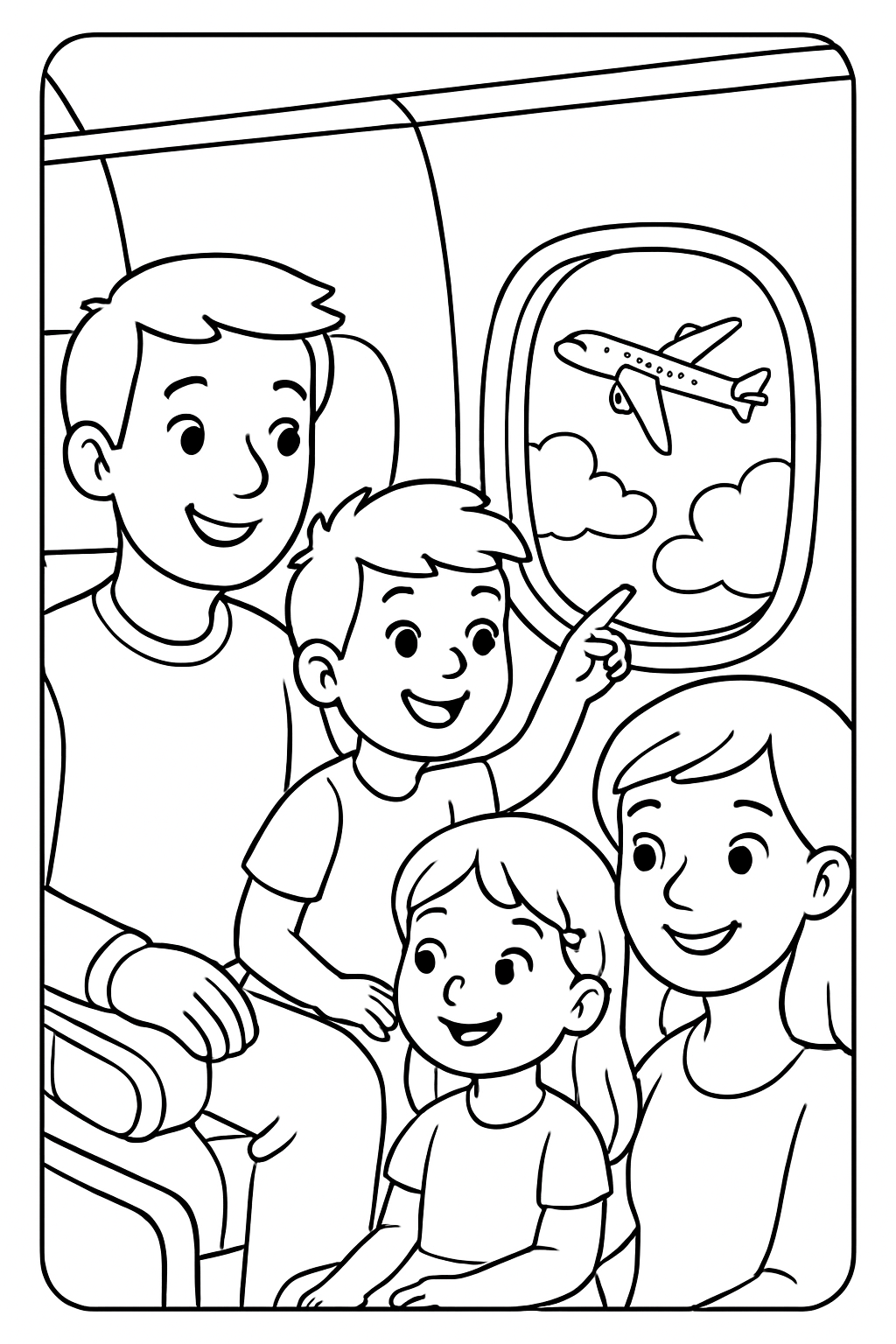 Ausmalbild einer Familie im Flugzeug, die aus dem Fenster schaut
