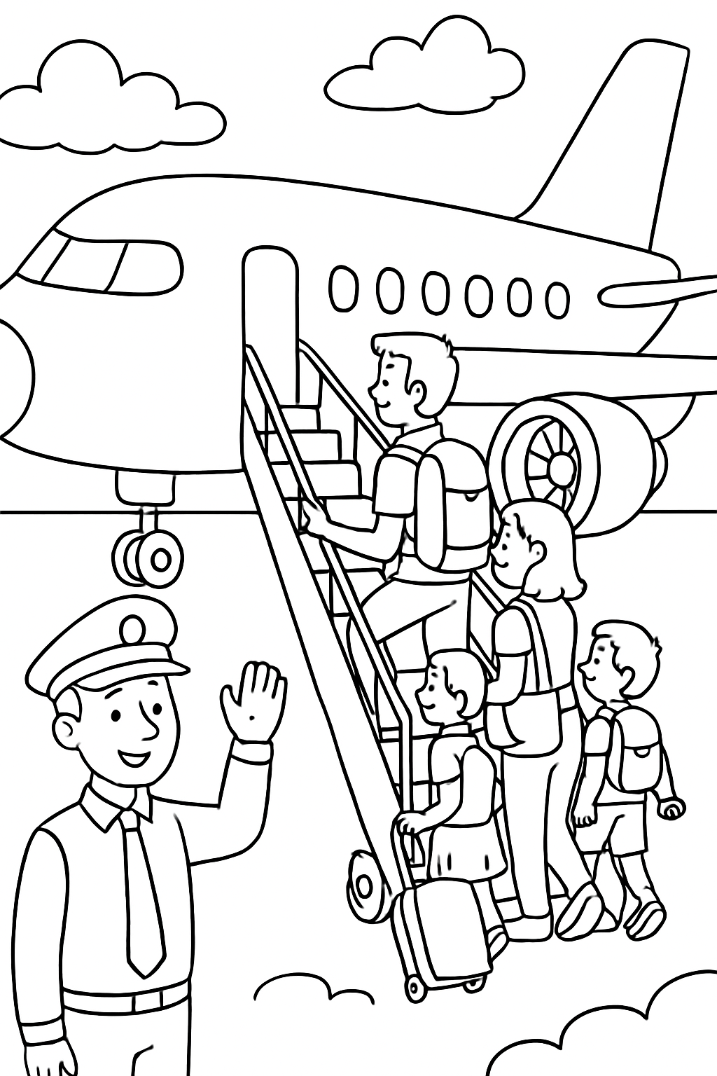 Ausmalbild einer Familie beim Einsteigen ins Flugzeug am Flughafen
