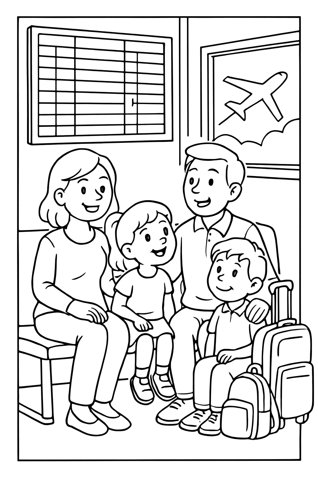 Ausmalbild einer Familie, die am Gate auf das Boarding wartet