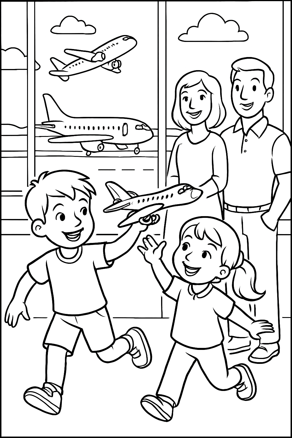 Ausmalbild von Kindern, die mit einem Flugzeugmodell am Flughafen spielen