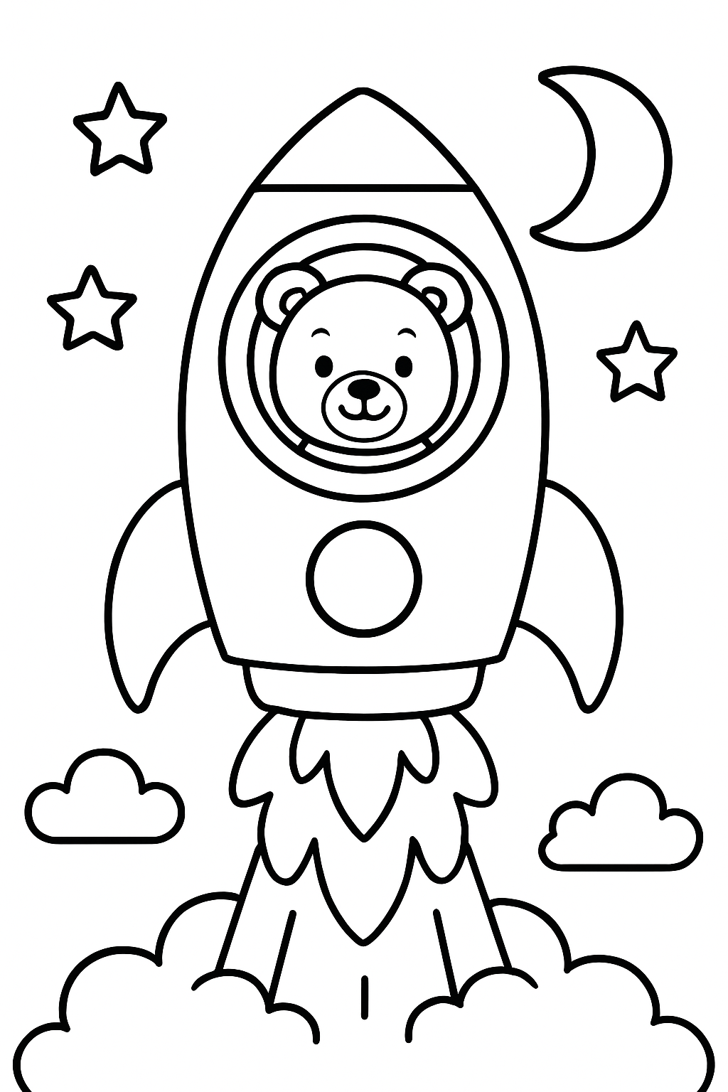 Ausmalbild eines Weltraumbären in Rakete beim Abheben