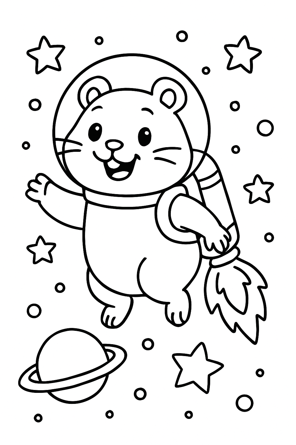 Ausmalbild eines Weltraumhamsters mit Jetpack