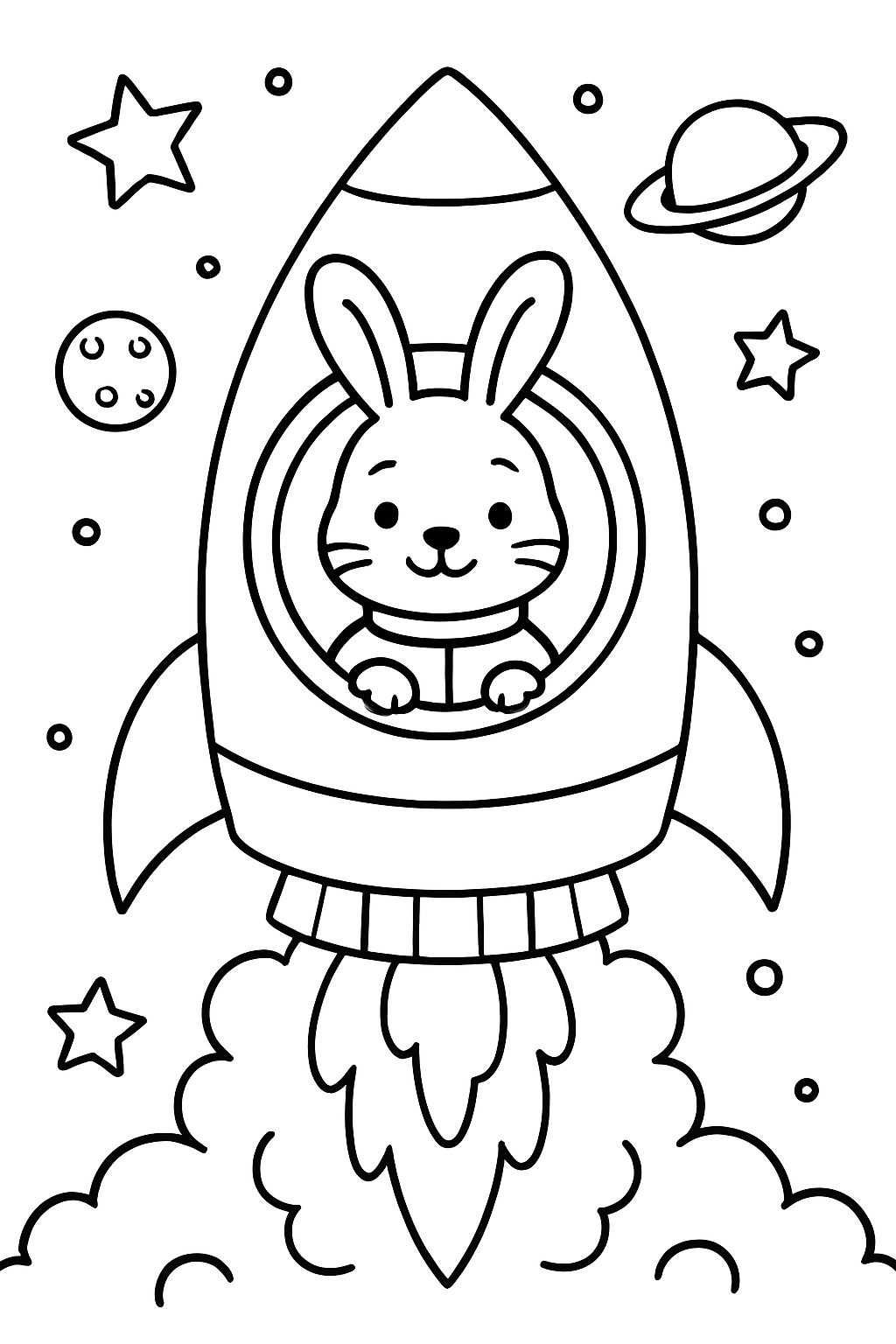 Ausmalbild eines Weltraumhasen im Raumschiff beim Start