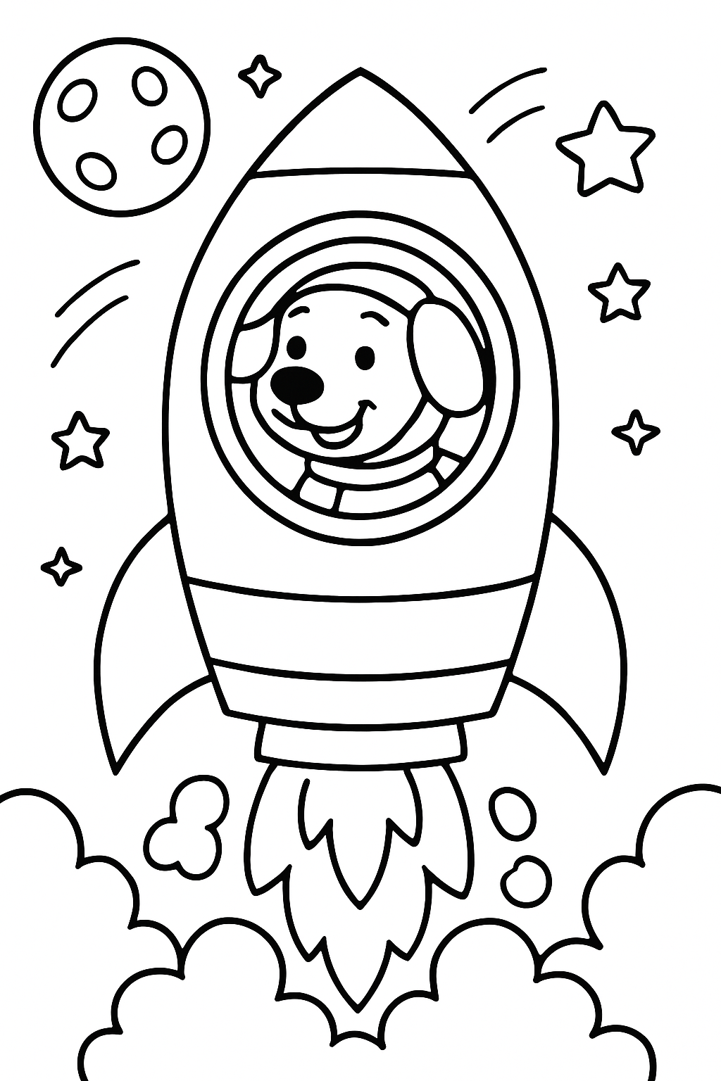Ausmalbild eines Weltraumhunds beim Raketenstart