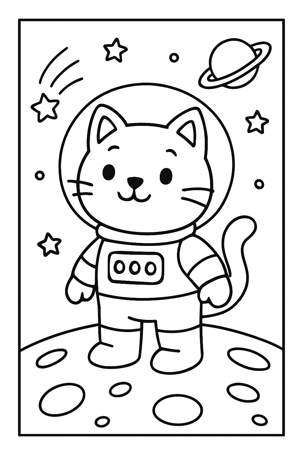 Ausmalbild einer Weltraumkatze auf dem Mond in Raumanzug