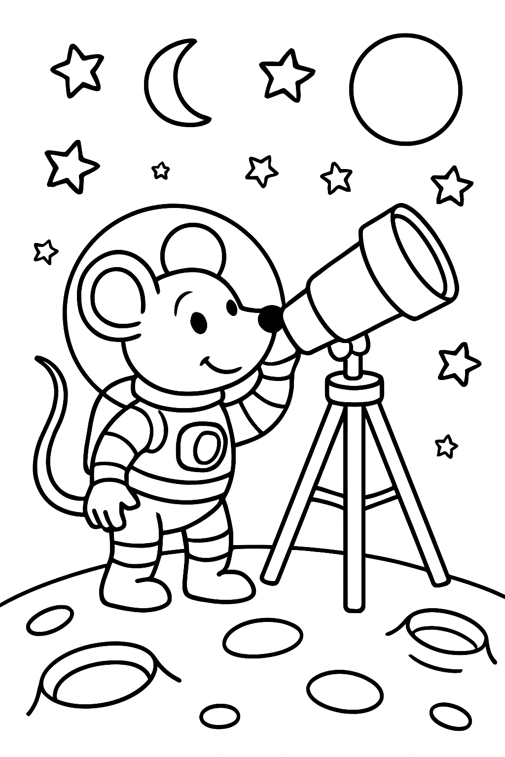 Ausmalbild einer Weltraummaus beim Sterne beobachten