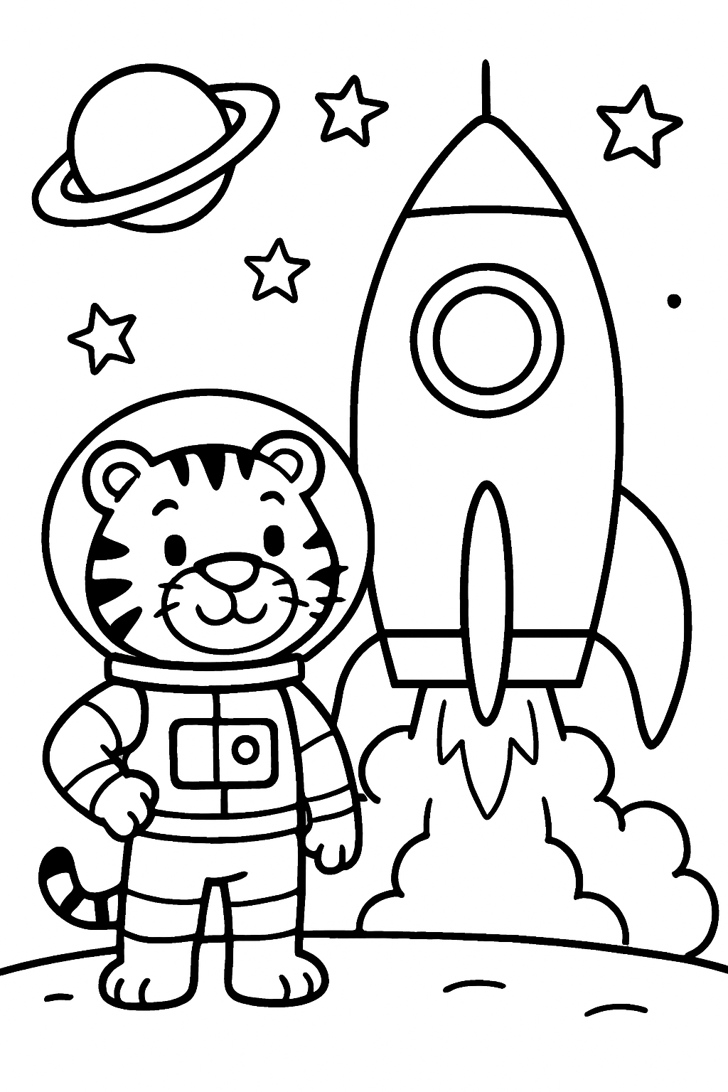 Ausmalbild eines Weltraumtigers beim Raketenstart