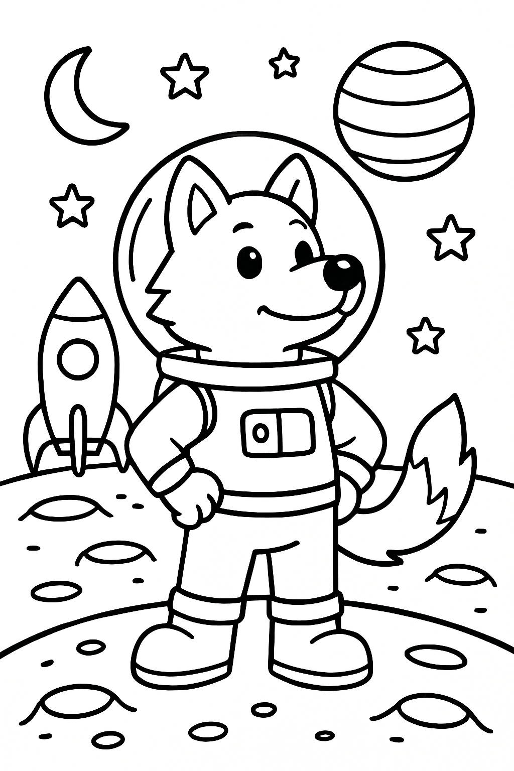 Ausmalbild eines Weltraumwolfs auf dem Mond
