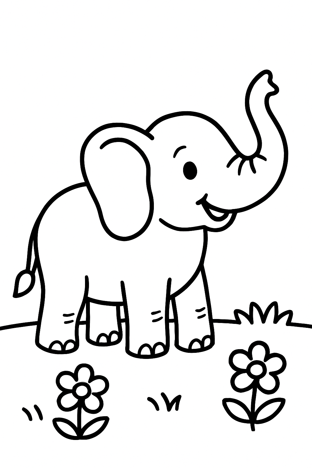 Ein fröhlicher Elefant auf einer Wiese.