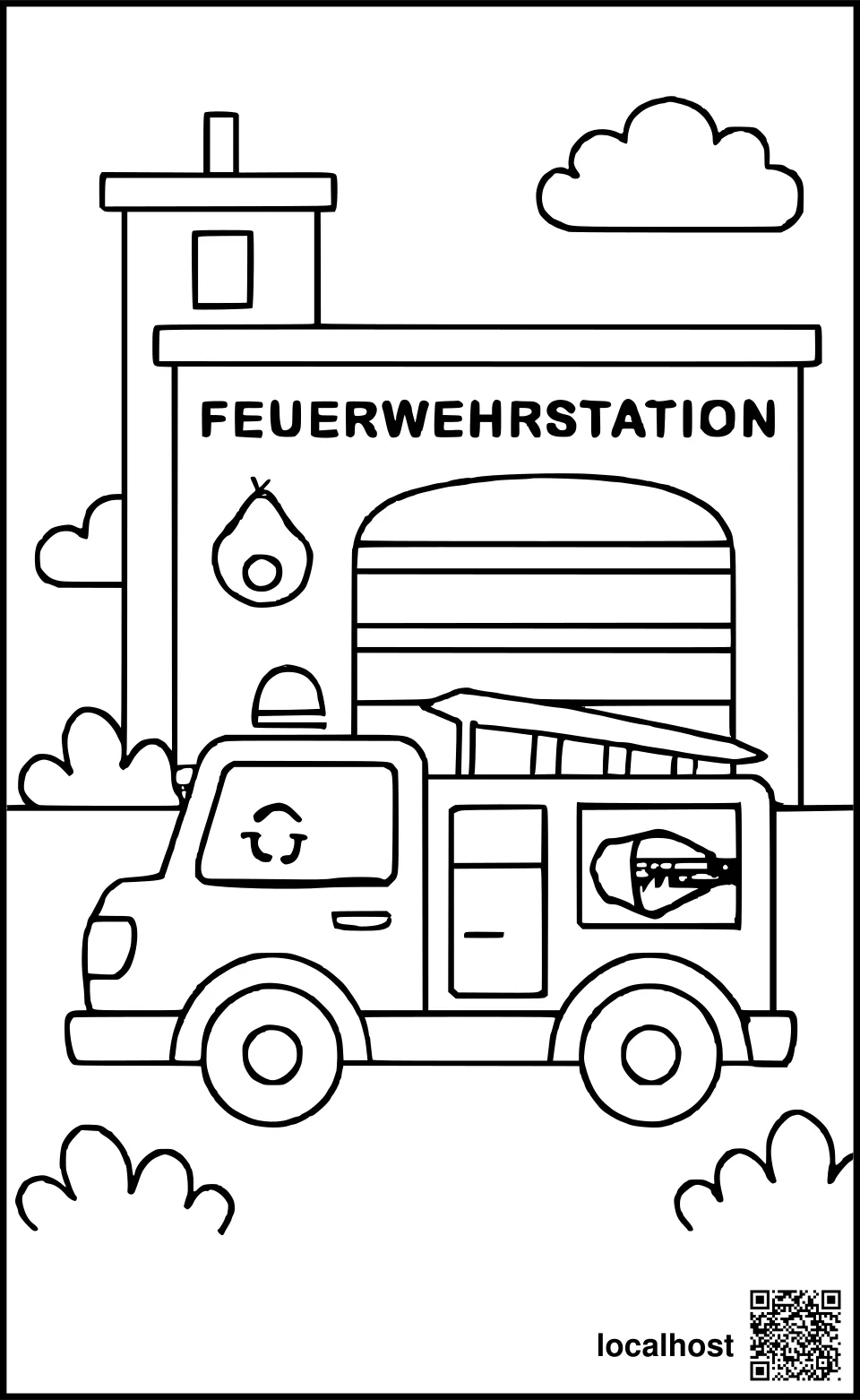 Ausmalbild einer Feuerwehrstation mit Wagen