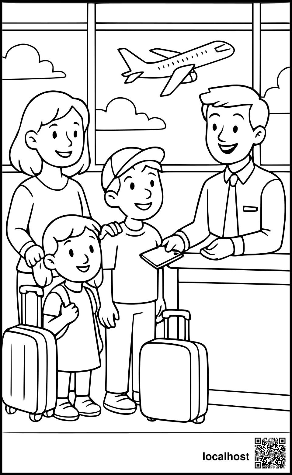 Ausmalbild einer Familie am Check-in Schalter am Flughafen
