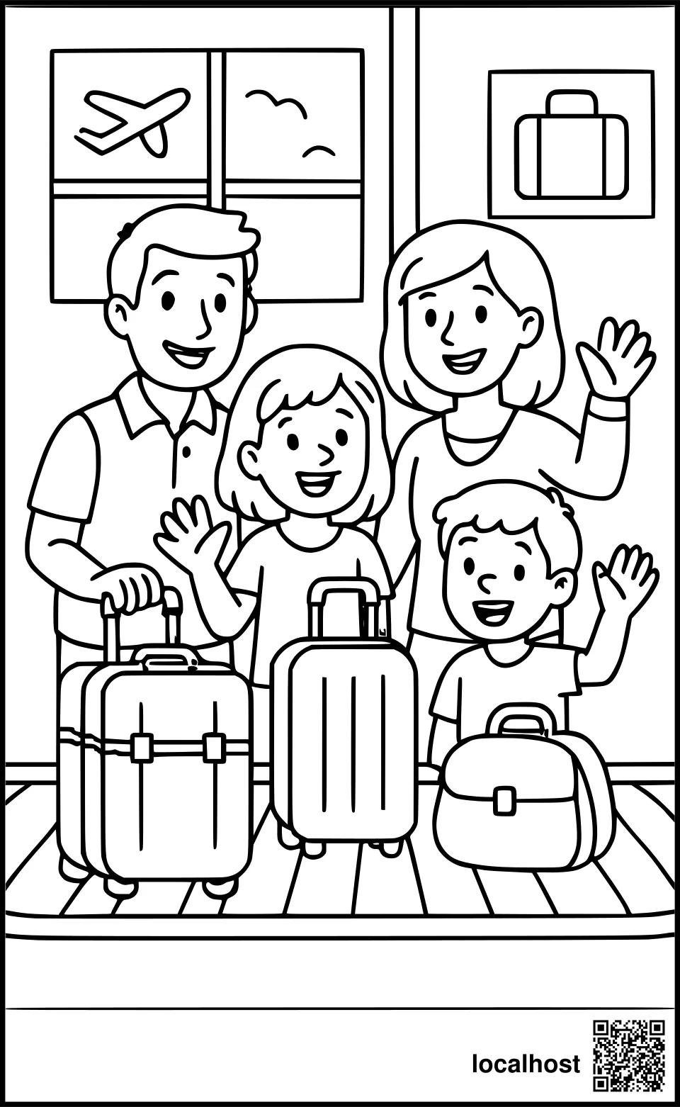 Ausmalbild einer Familie beim Abholen von Gepäck am Gepäckband