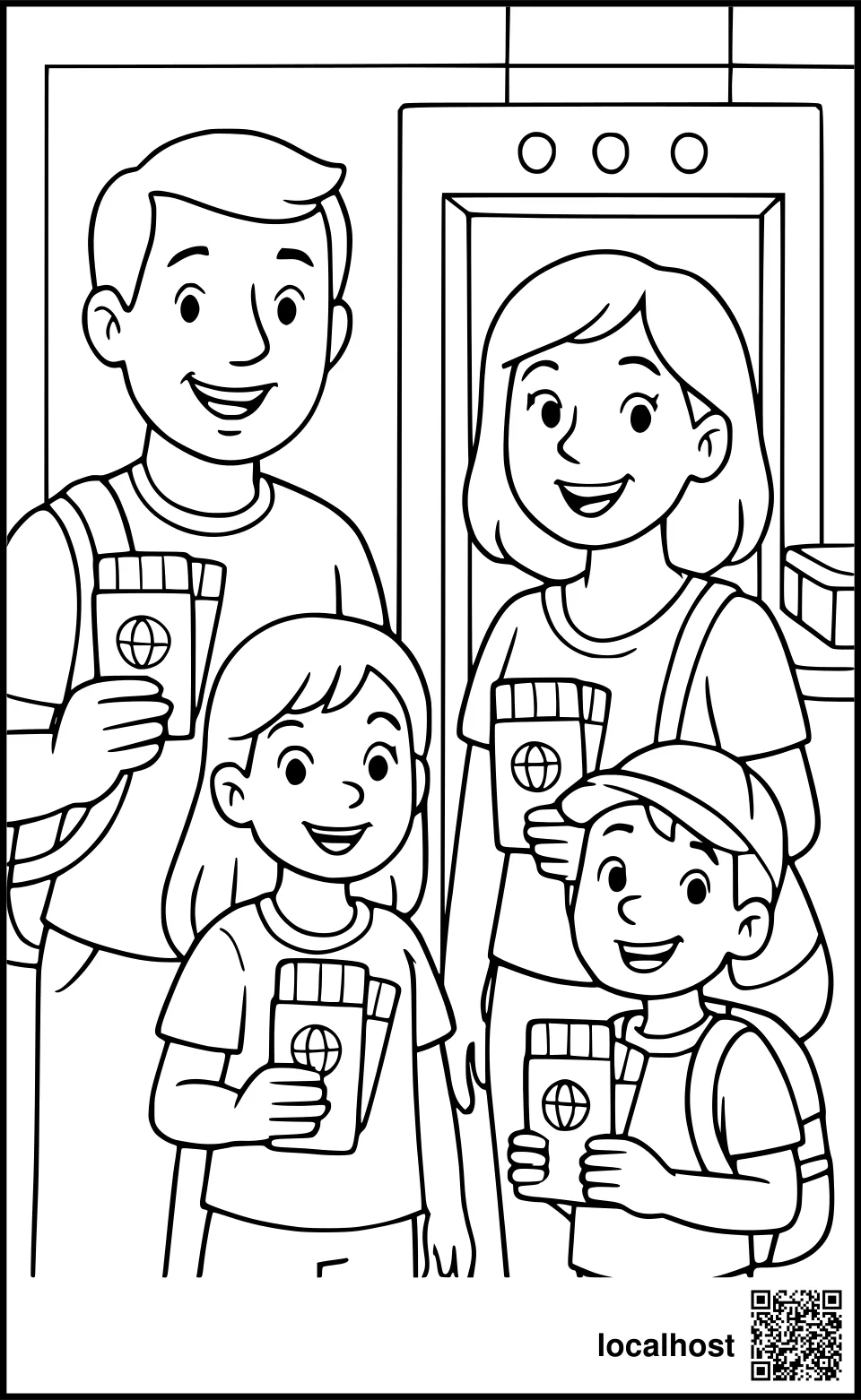 Ausmalbild einer Familie mit Flugtickets und Reisepässen am Flughafen