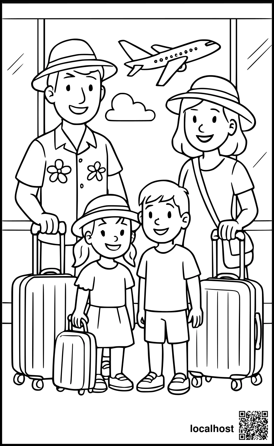Ausmalbild einer Familie mit Koffern am Flughafen beim Check-in