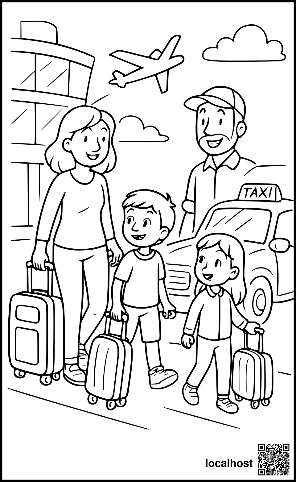 Ausmalbild einer Familie mit Rollkoffern auf dem Weg zum Taxi vom Flughafen