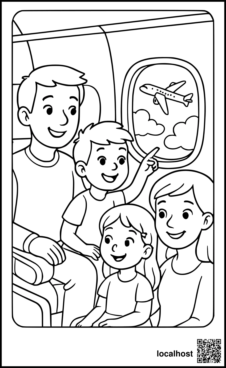 Ausmalbild einer Familie im Flugzeug, die aus dem Fenster schaut