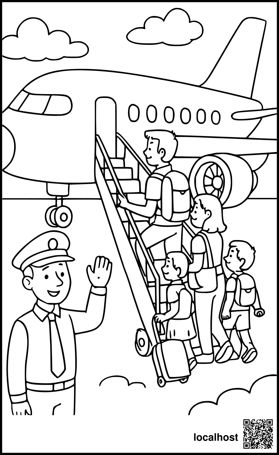 Ausmalbild einer Familie beim Einsteigen ins Flugzeug am Flughafen