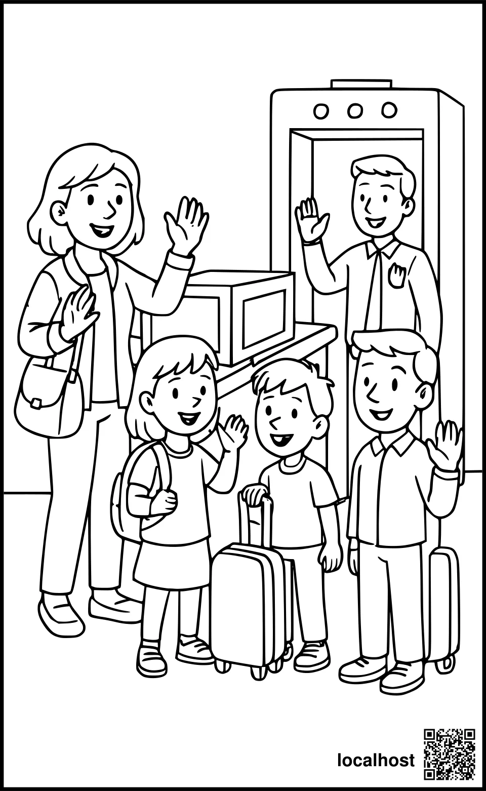 Ausmalbild einer Familie bei der Verabschiedung vor der Sicherheitskontrolle