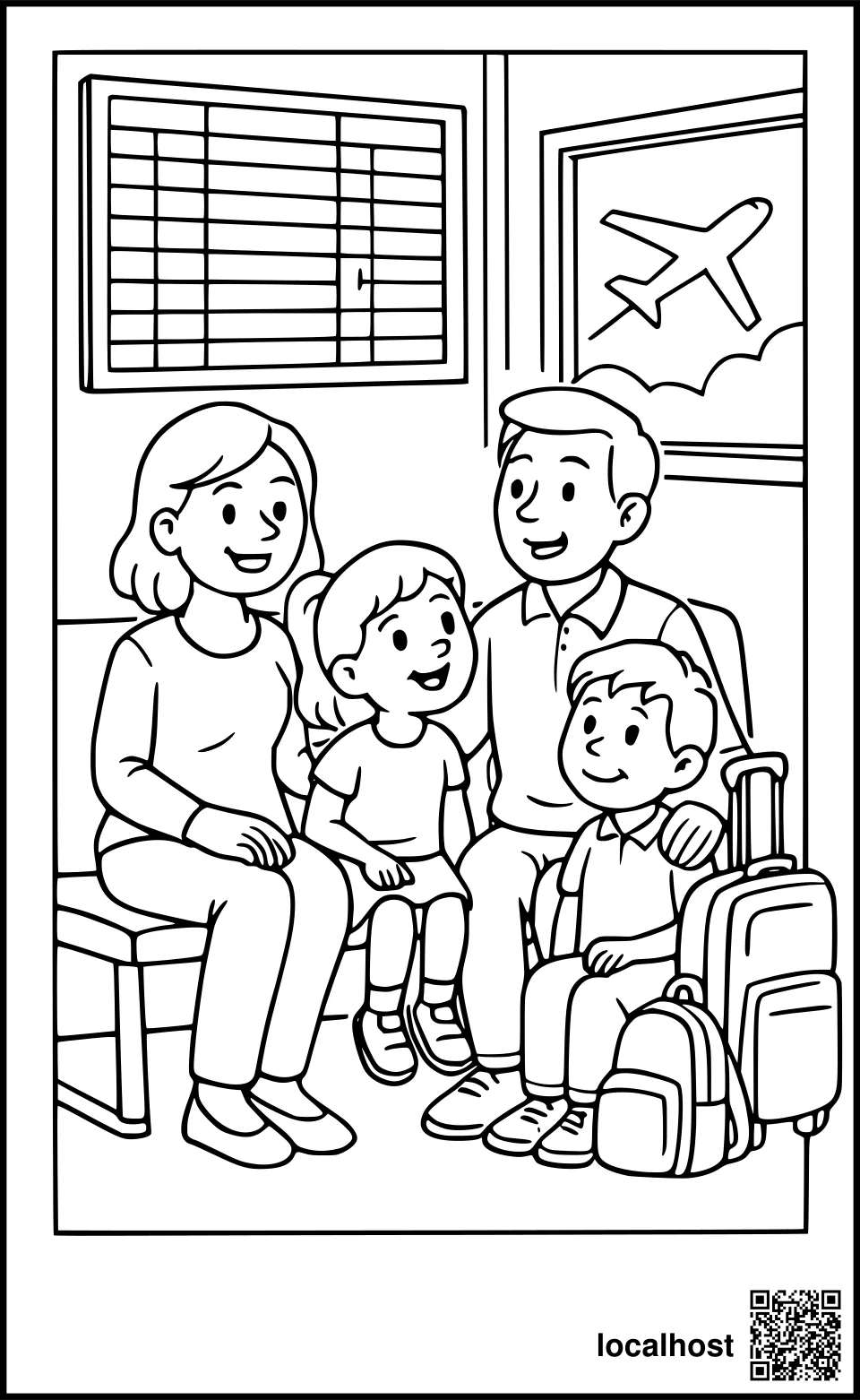 Ausmalbild einer Familie, die am Gate auf das Boarding wartet