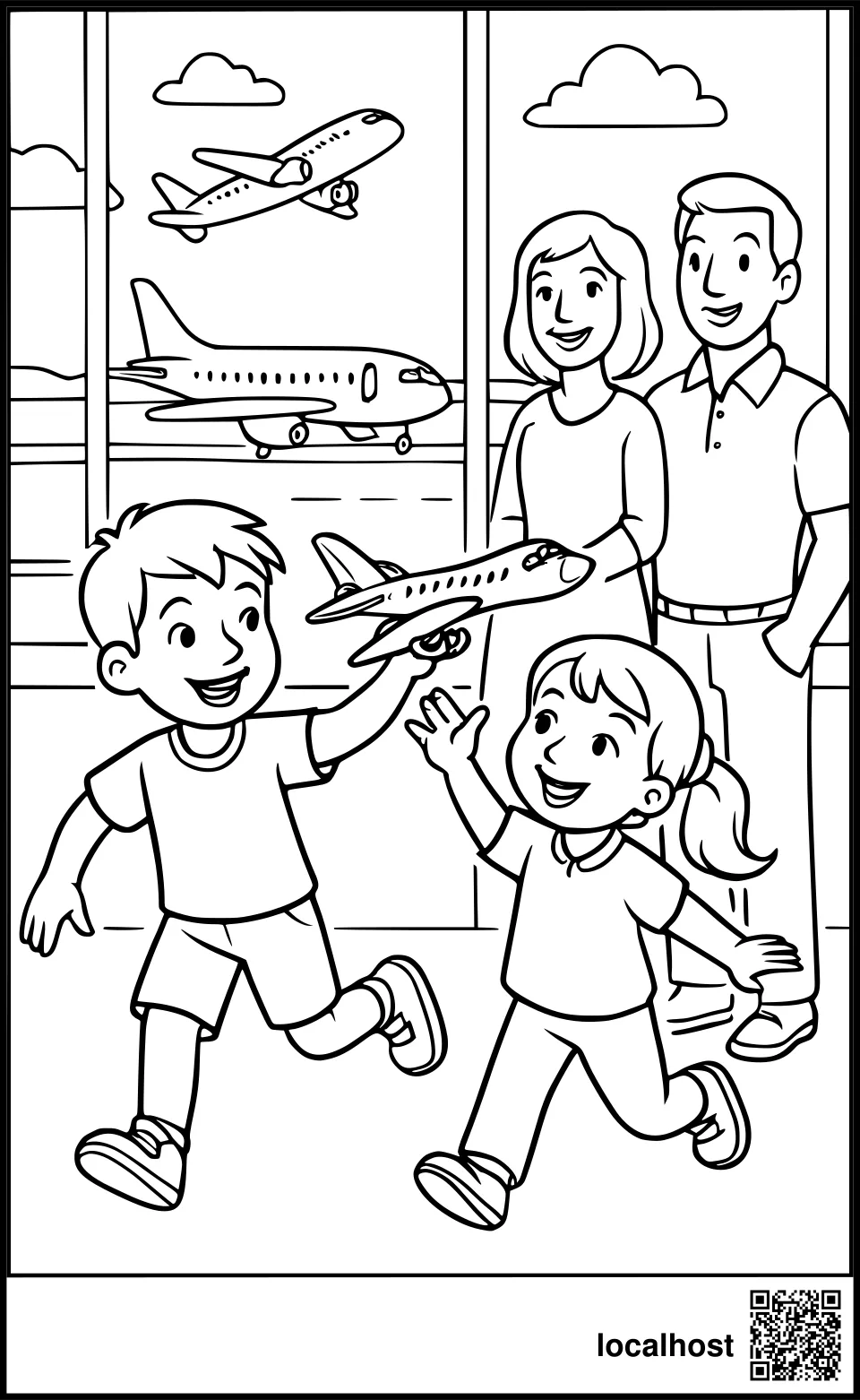 Ausmalbild von Kindern, die mit einem Flugzeugmodell am Flughafen spielen