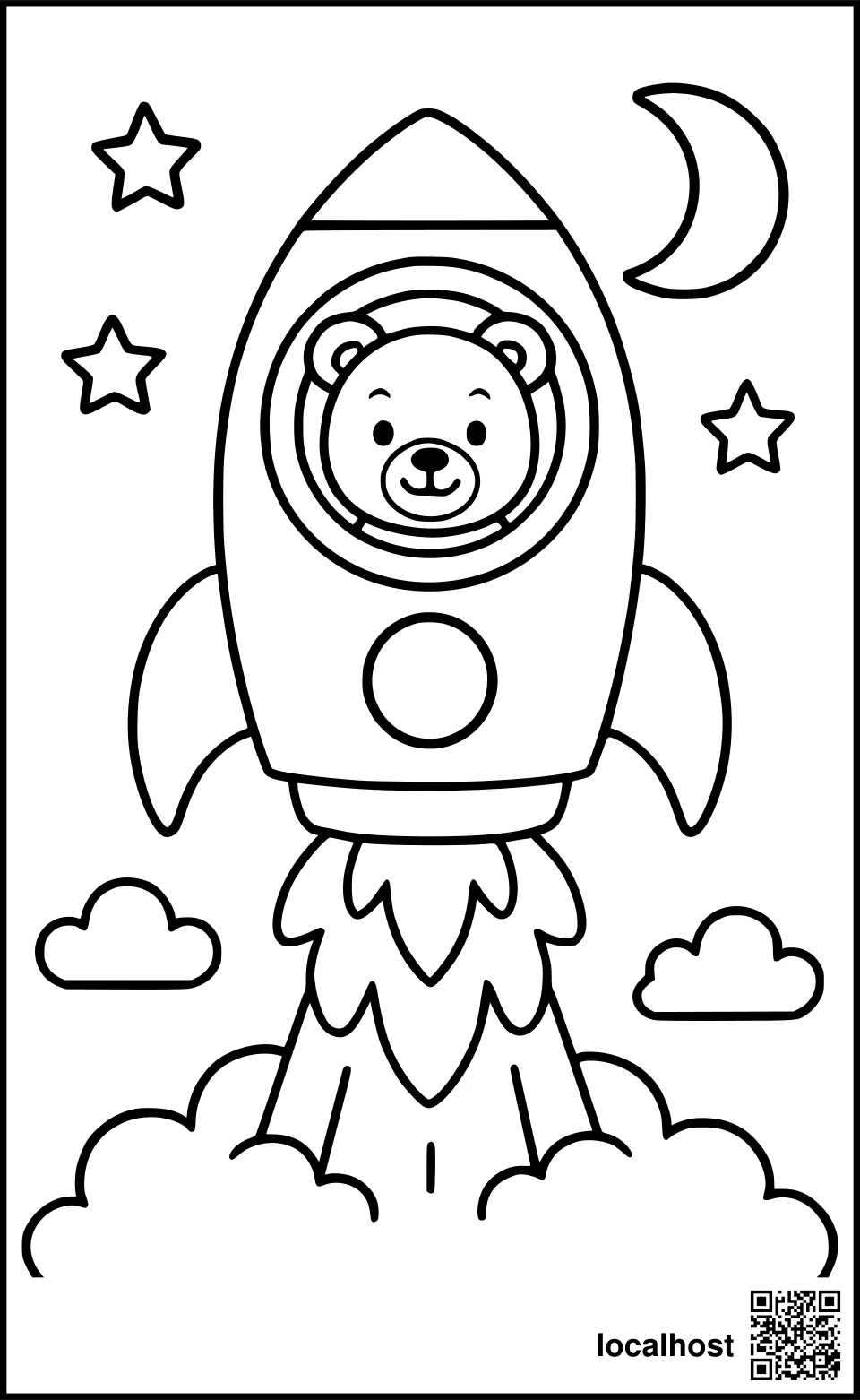 Ausmalbild eines Weltraumbären in Rakete beim Abheben