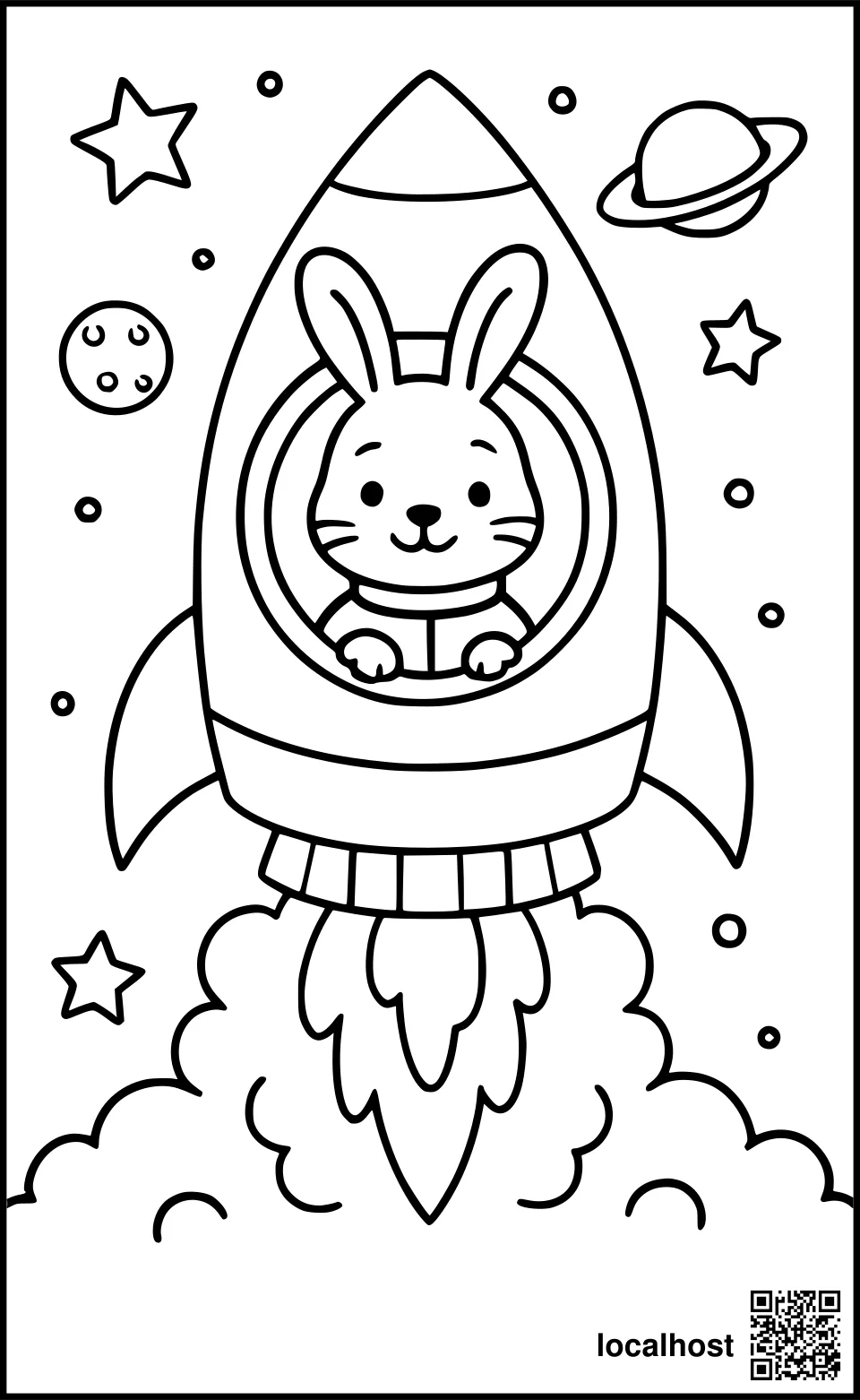 Ausmalbild eines Weltraumhasen im Raumschiff beim Start