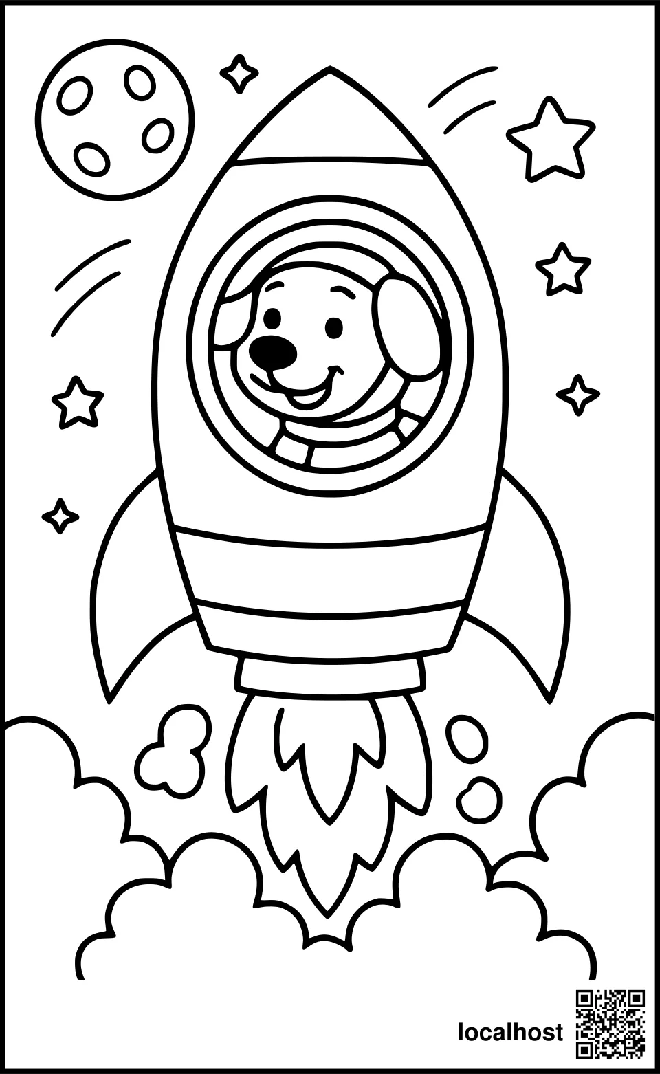 Ausmalbild eines Weltraumhunds beim Raketenstart