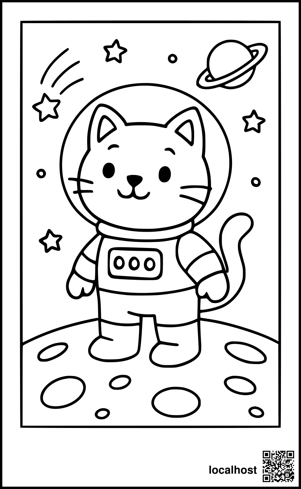 Ausmalbild einer Weltraumkatze auf dem Mond in Raumanzug