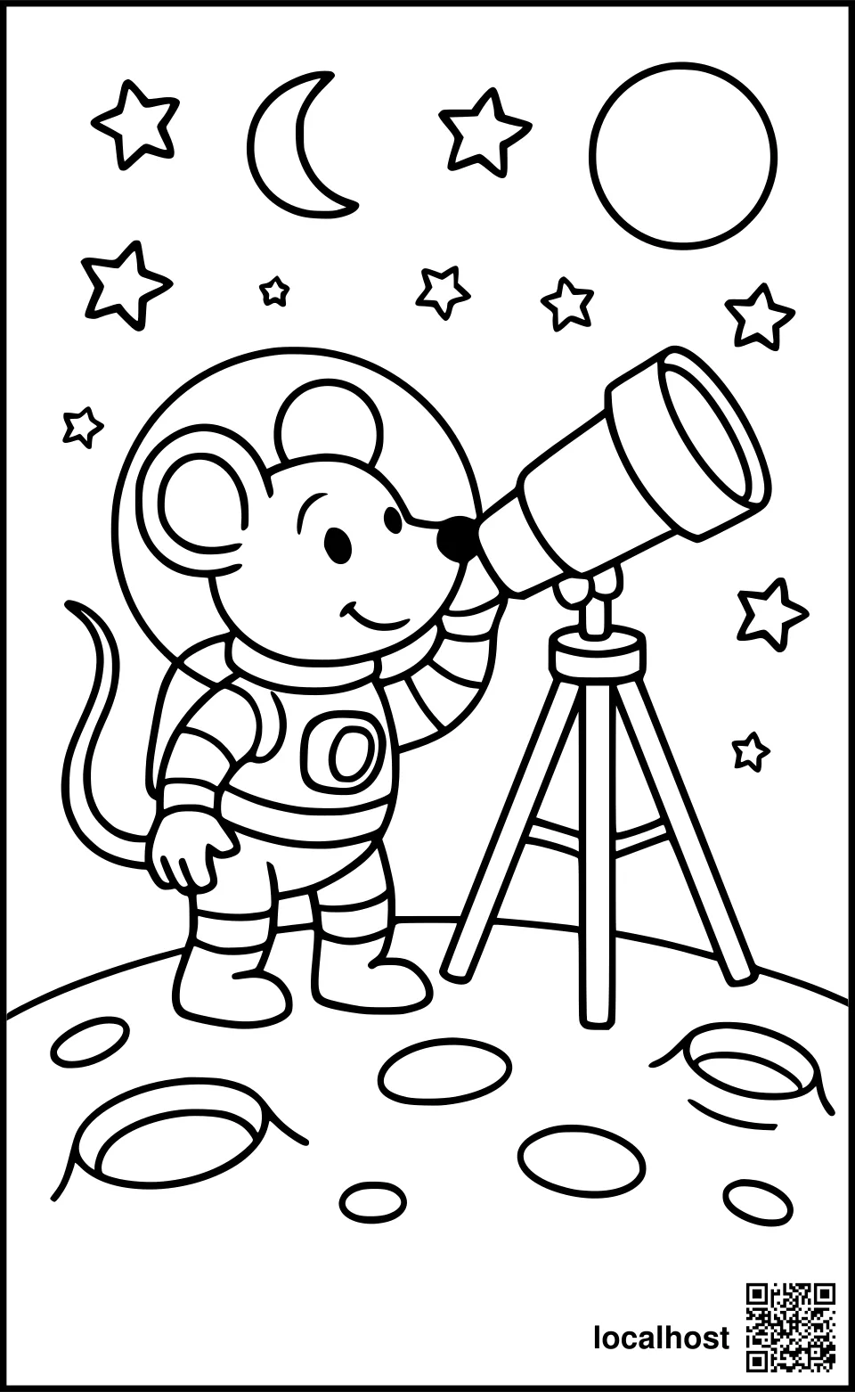 Ausmalbild einer Weltraummaus beim Sterne beobachten