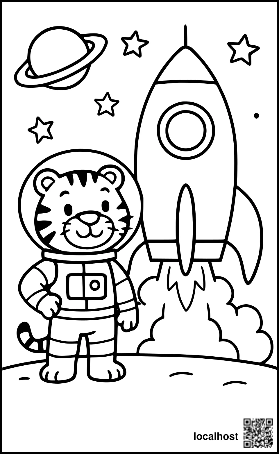Ausmalbild eines Weltraumtigers beim Raketenstart