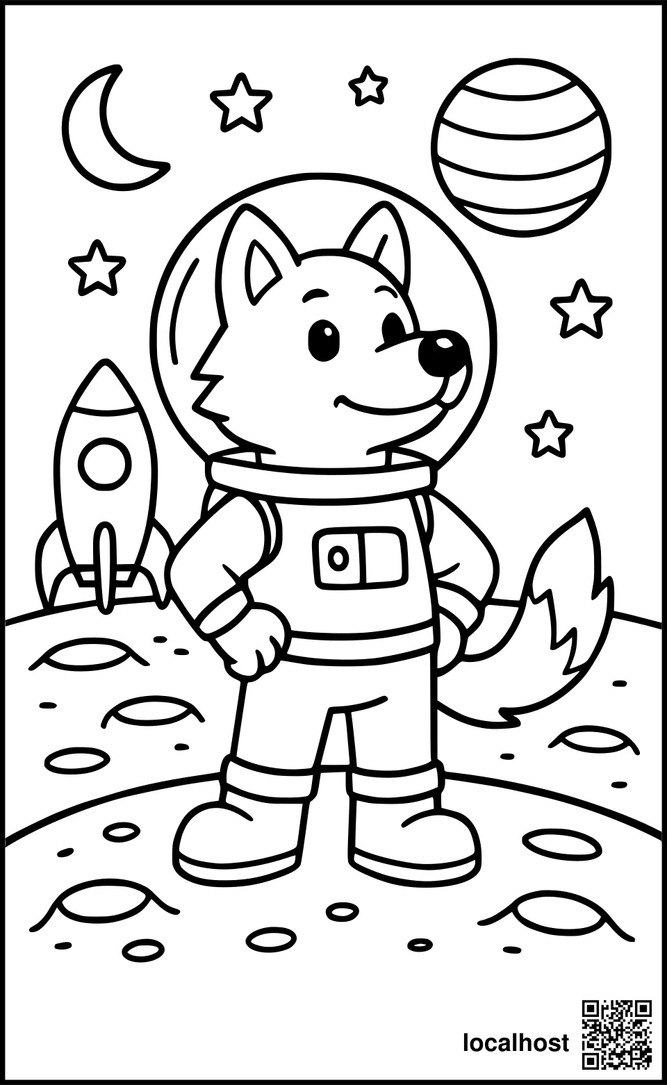 Ausmalbild eines Weltraumwolfs auf dem Mond